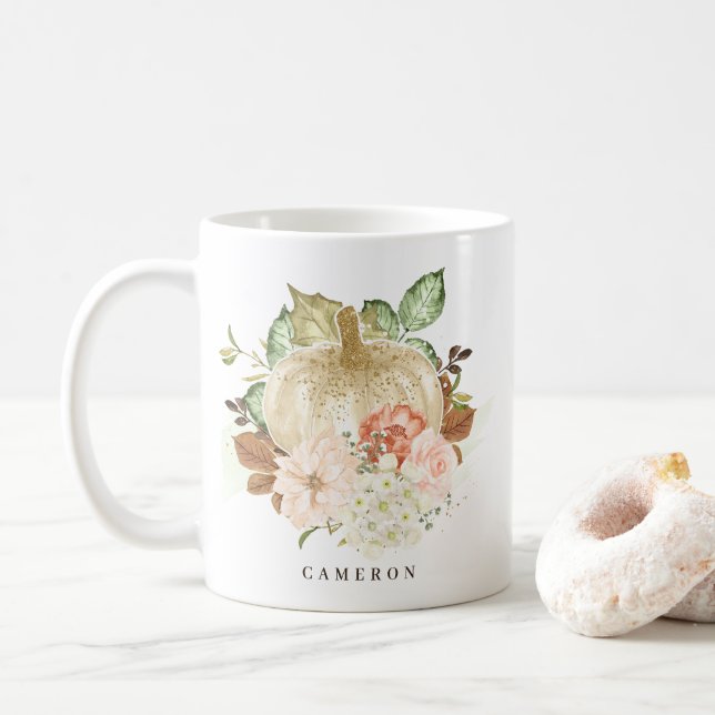 Watercolor White Pumpkin with Gold Glitter Autumn Coffee Mug (With Donut)