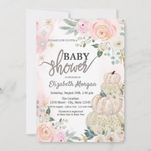 Watercolor White Pumpkins Flowers Baby Shower Invitation