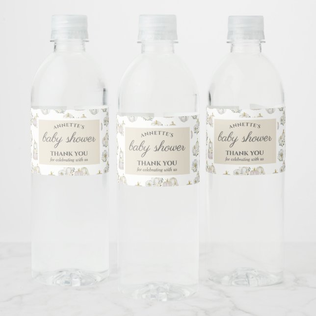 Watercolor White Pumpkins Roses Baby Shower   Water Bottle Label (Bottles)