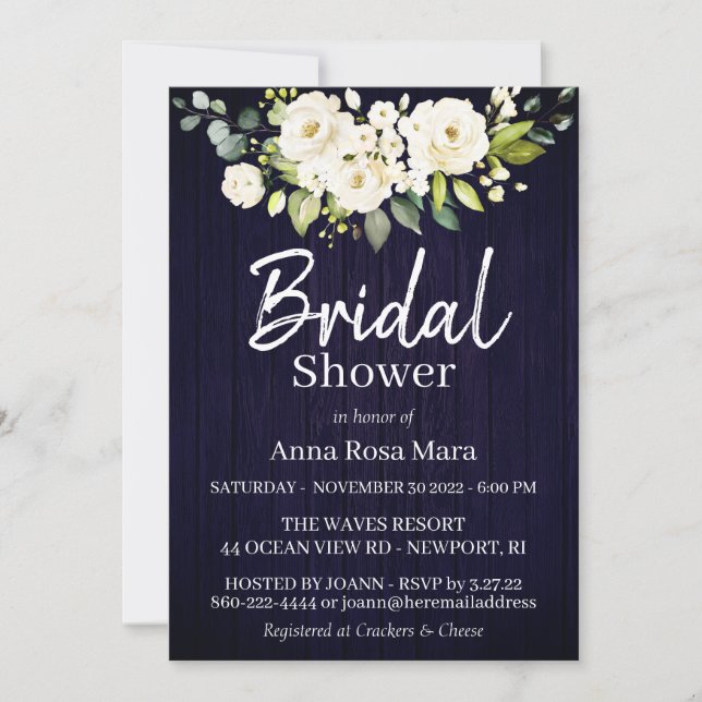 *~* Watercolor White Rose Bridal Shower Rustic Invitation (Front)