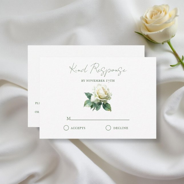 Watercolor White Rose Elegant Botanical Wedding RSVP Card (Creator Uploaded)