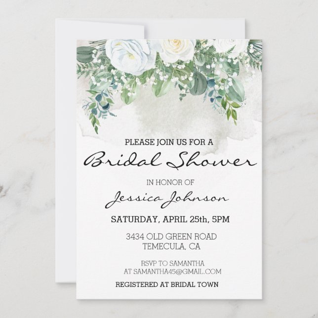 Watercolor White Rose Eucalyptus Floral Bouquet  Invitation (Front)
