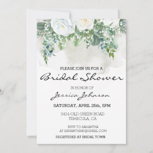Watercolor White Rose Eucalyptus Floral Bouquet  Invitation
