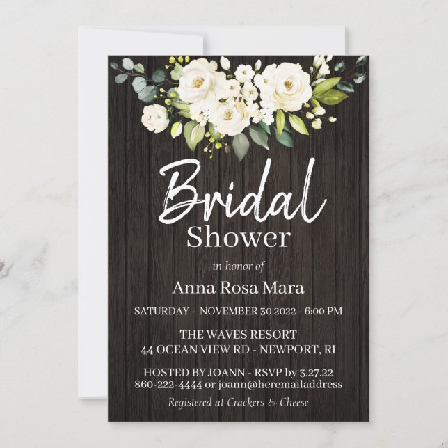*~* Watercolor White Rose  Rustic Bridal Shower Invitation (Front)