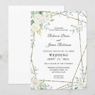 Watercolor White Roses and Greenery Wedding Invitation