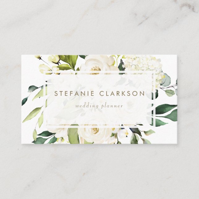 Watercolor White Roses and Hydrangeas Business Card (Front)