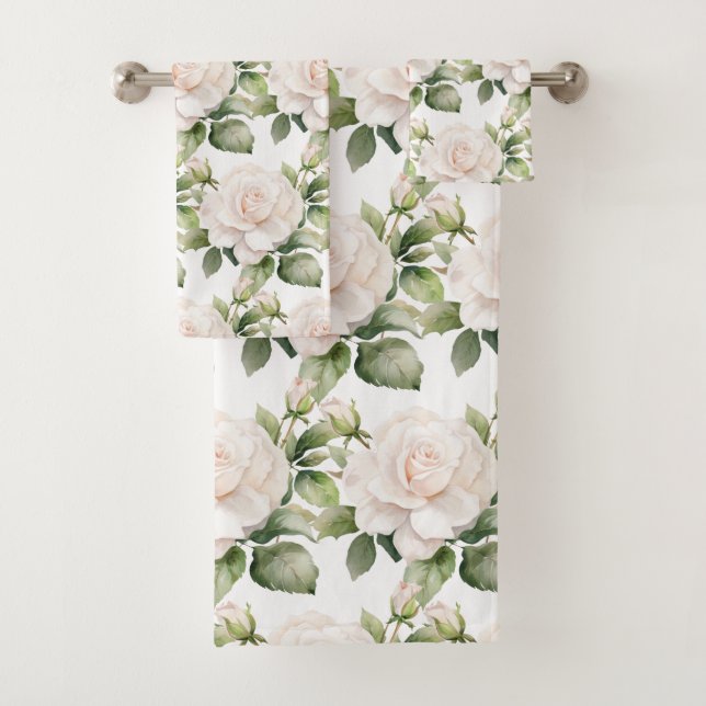 Watercolor White Roses  Bath Towel Set (Insitu)