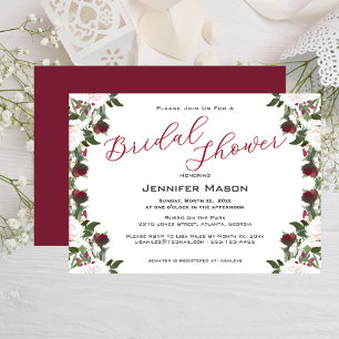 Watercolor White Roses Cranberry Bridal Shower  Invitation