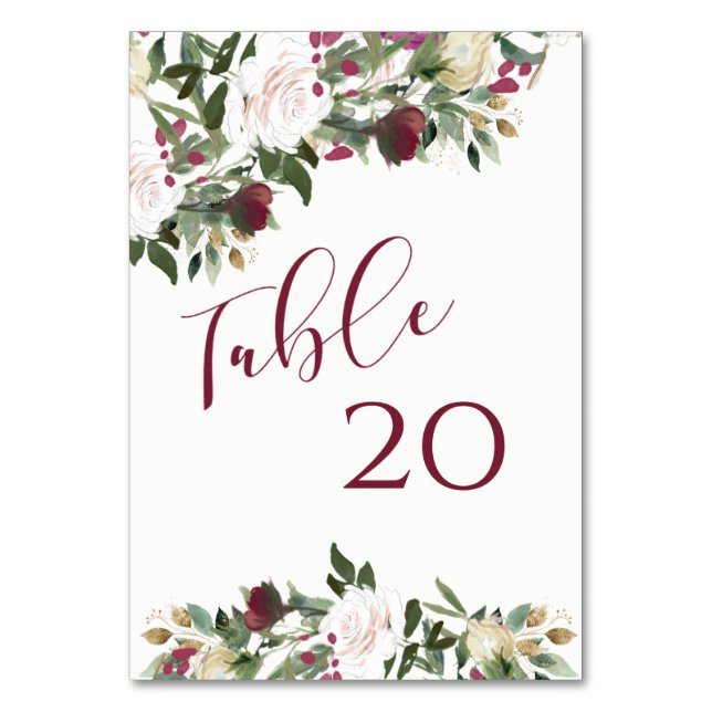 Watercolor White Roses Cranberry Wedding Table Number (Front)