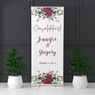Watercolor White Roses Cranberry Wedding Welcome Retractable Banner