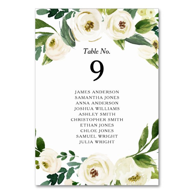 Watercolor White Roses Flowers Greenery Wedding Table Number (Front)
