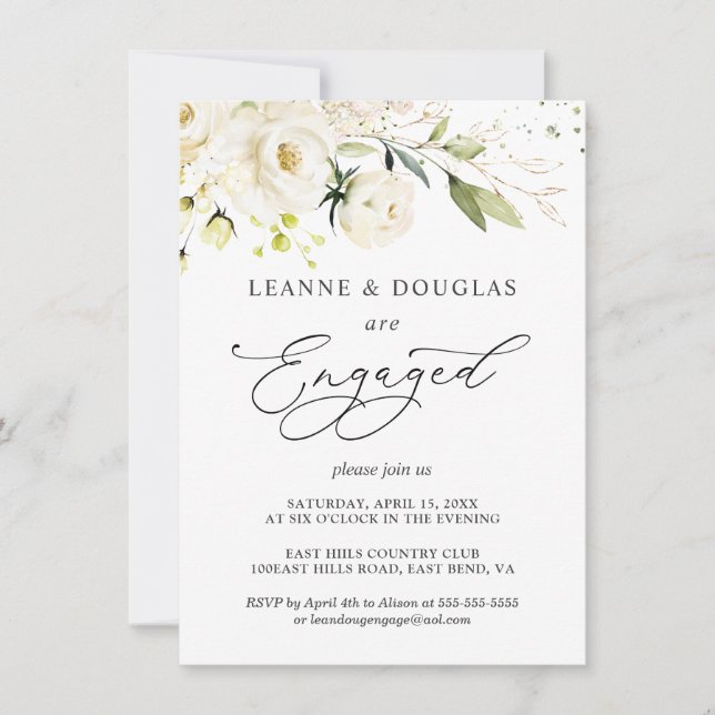 Watercolor White Roses Foliage Engagement Party Invitation (Front)