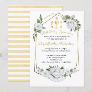 Watercolor White Roses Geometric Frame Communion Invitation