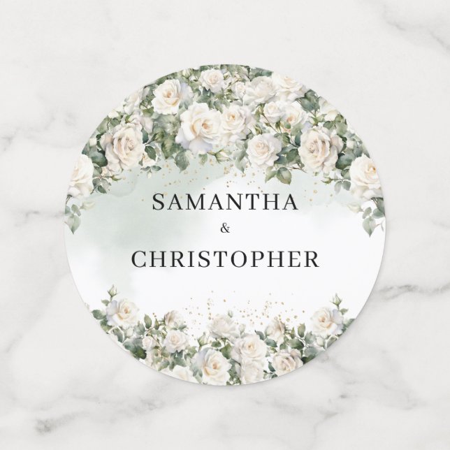 Watercolor white roses green and gold wedding confetti (Medium Front)