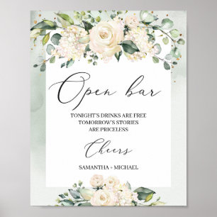 Watercolor white roses greenery foliage boho poster