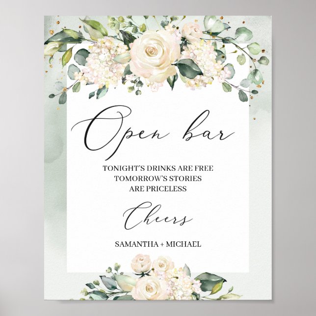 Watercolor white roses greenery foliage boho poster (Front)