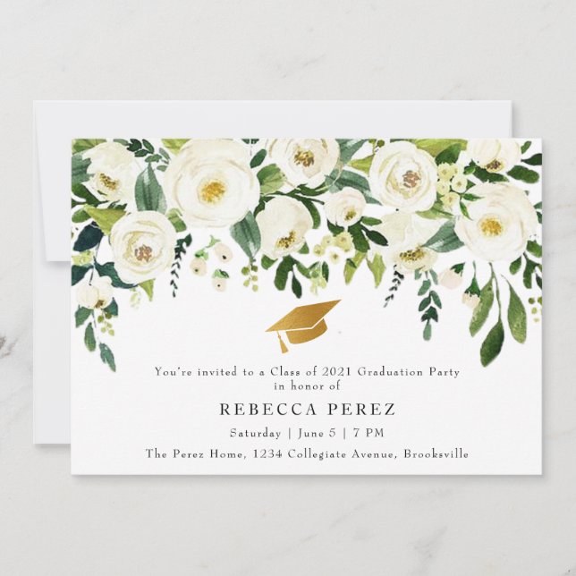 Watercolor White Roses Greenery Graduation Party Invitation (Front)
