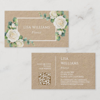 Watercolor  White Roses Greenery Rustic Business Card