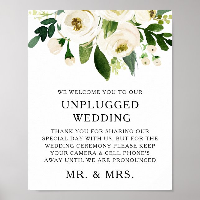 Watercolor White Roses Greenery Unplugged Wedding Poster (Front)