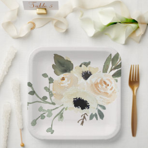 Watercolor White Roses Paper Plate