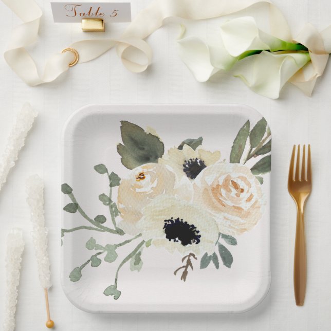 Watercolor White Roses Paper Plate (Wedding)