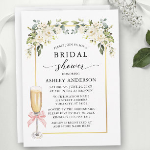 Watercolor White Roses Pink Bow Bridal Shower Invitation