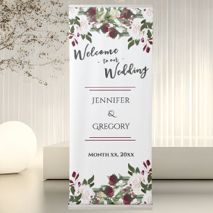Watercolor White Roses Wedding Welcome Banner