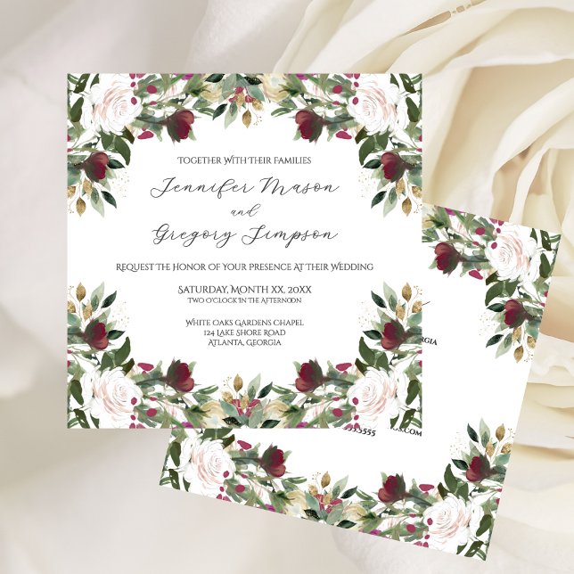 Watercolor White Roses with Cranberry Floral Invitation (Watercolor White Roses with Cranberry Floral Invitation)