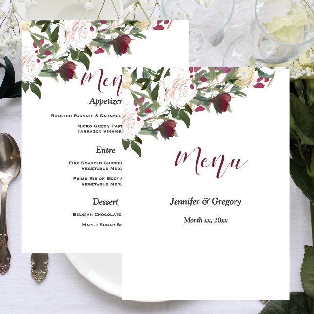 Watercolor White Roses with Cranberry Wedding Menu (Watercolor White Roses with Cranberry Wedding Menu)