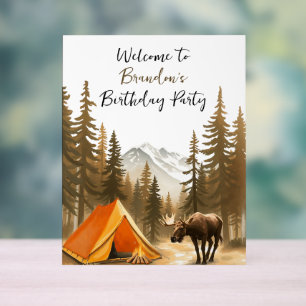 Watercolor White Rustic Woodland Camping Birthday Acrylic Sign