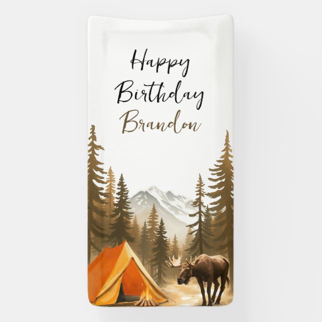 Watercolor White Rustic Woodland Camping Birthday Banner (Vertical)