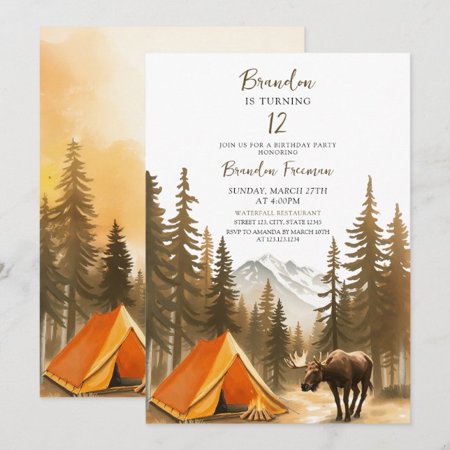 Watercolor White Rustic Woodland Camping Birthday Invitation (Front/Back)