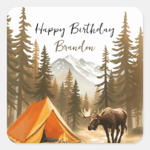 Watercolor White Rustic Woodland Camping Birthday Square Sticker