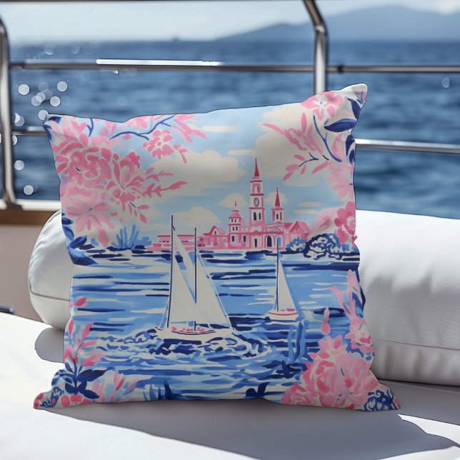 Watercolor White Sailboats Blue Waters Pink Floral Cushion (Creator Uploaded)