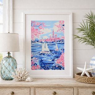 Watercolor White Sailboats Blue Waters Pink Floral Poster