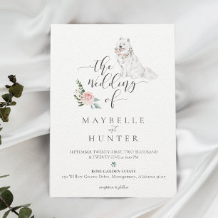 Watercolor White Samoyed Dog & Floral Pink Rose Invitation