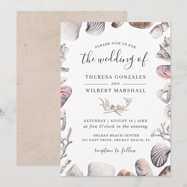 Watercolor White Sea Shell Beach Sand Wedding Invitation (Front/Back)