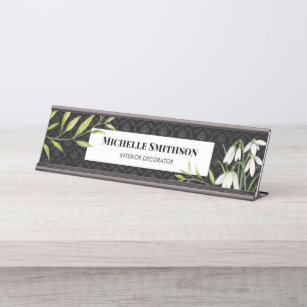 Watercolor White Snowdrops and Laurel Damask Desk Name Plate