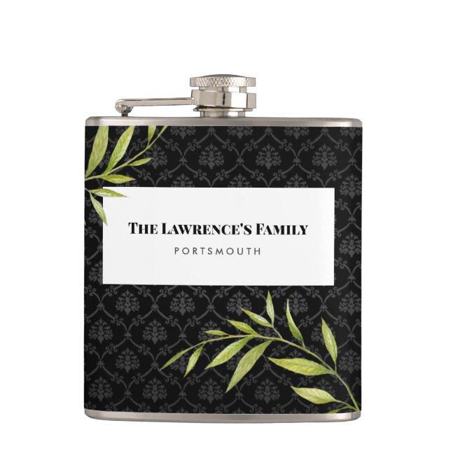 Watercolor White Snowdrops and Laurel Damask Hip Flask (Front)