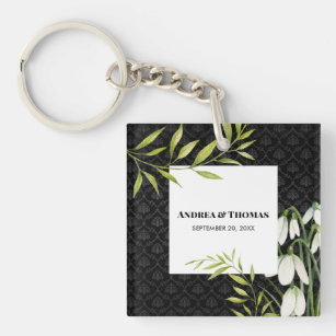 Watercolor White Snowdrops and Laurel Damask Key Ring