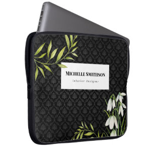 Watercolor White Snowdrops and Laurel Damask Laptop Sleeve