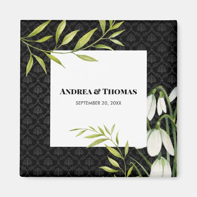 Watercolor White Snowdrops and Laurel Damask Magnet (Front)