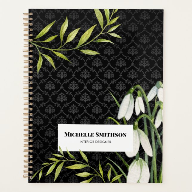 Watercolor White Snowdrops and Laurel Damask Planner (Front)