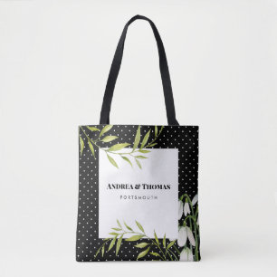 Watercolor White Snowdrops and Laurel Polka Dots Tote Bag