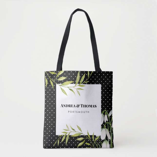 Watercolor White Snowdrops and Laurel Polka Dots Tote Bag (Front)