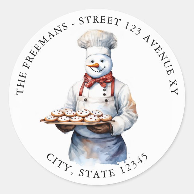 Watercolor White Snowman Chef Funny Christmas Classic Round Sticker (Front)