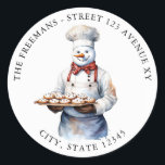 Watercolor White Snowman Chef Funny Christmas Classic Round Sticker<br><div class="desc">A snowman wearing a chef's hat and apron,  holding a tray of cookies,  perfect for spreading holiday cheer.</div>