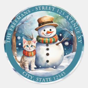 Watercolor White Snowman with Cat Custom Christmas Classic Round Sticker