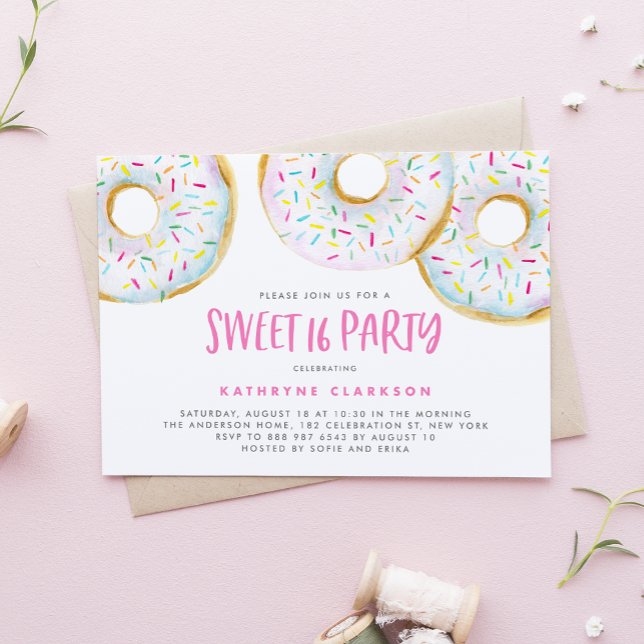 Watercolor White Sprinkle Doughnuts Sweet 16 Party Invitation (Creator Uploaded)