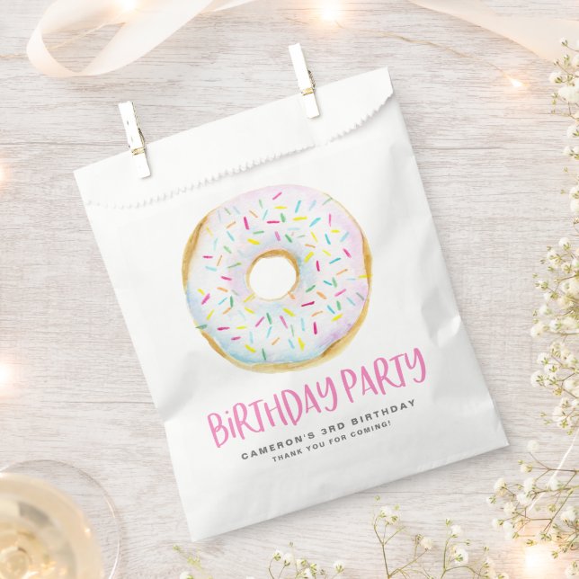 Watercolor White Sprinkle Glazed Doughnut Birthday Favour Bags (Clipped)